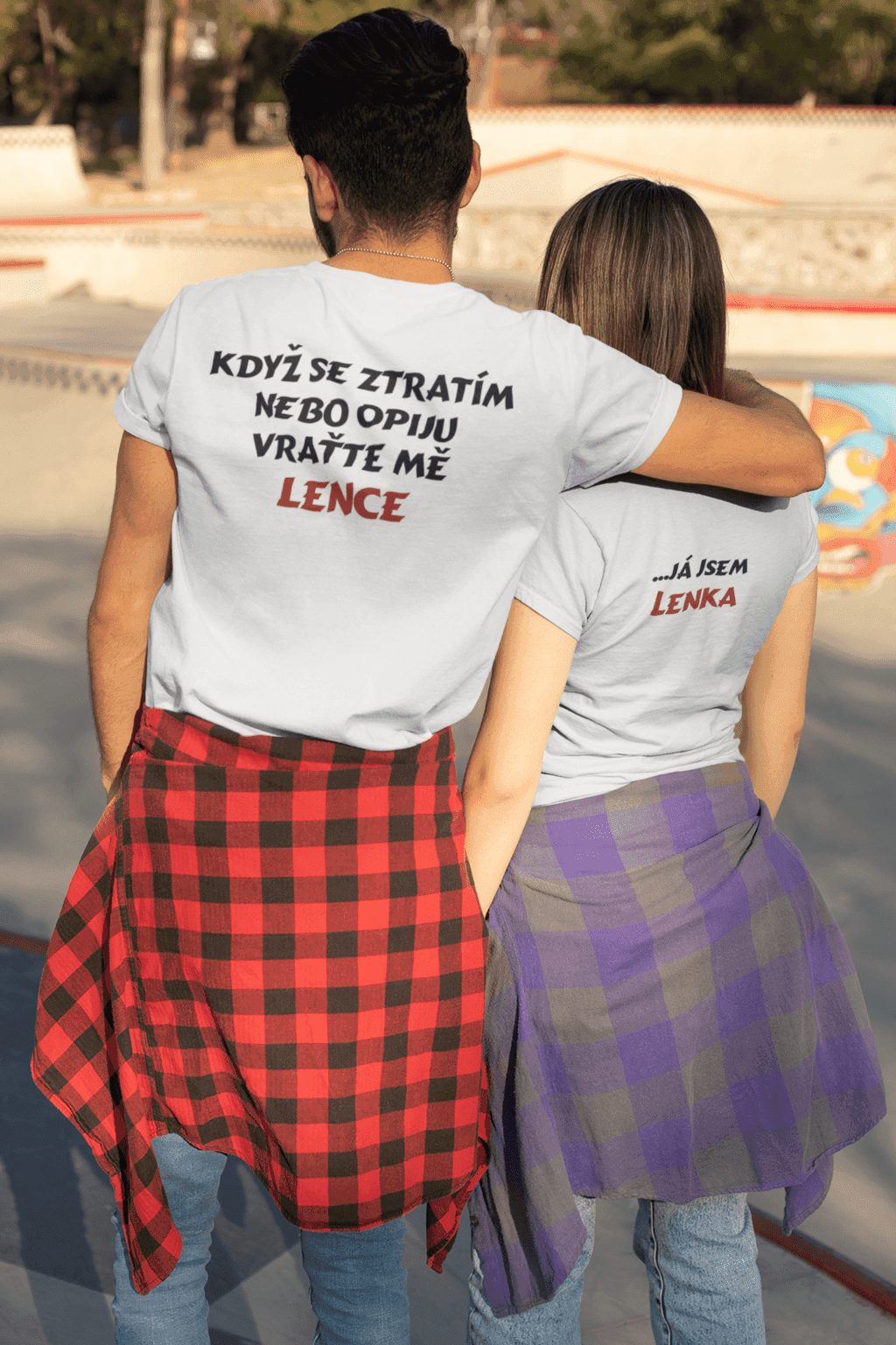 back t shirt mockup of a couple taking a walk at a skatepark 25236 (2)