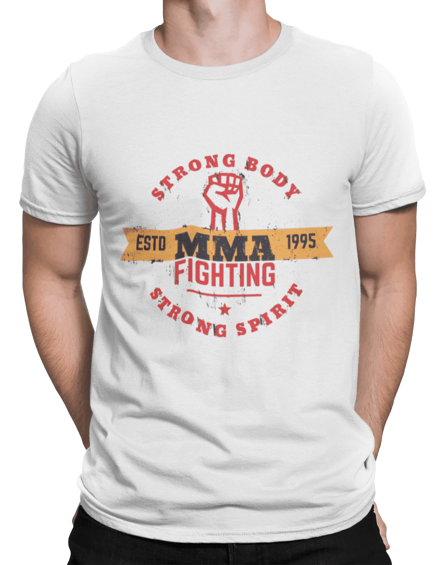 mockup of a man wearing a customizable t shirt against a plain color backdrop 1422 el min
