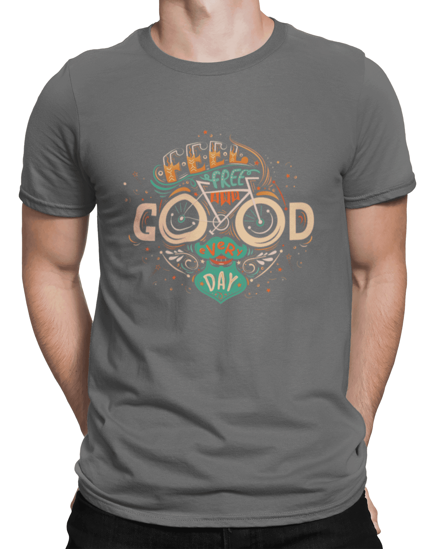 mockup of a man wearing a customizable t shirt against a plain color backdrop 1422 el (1) min