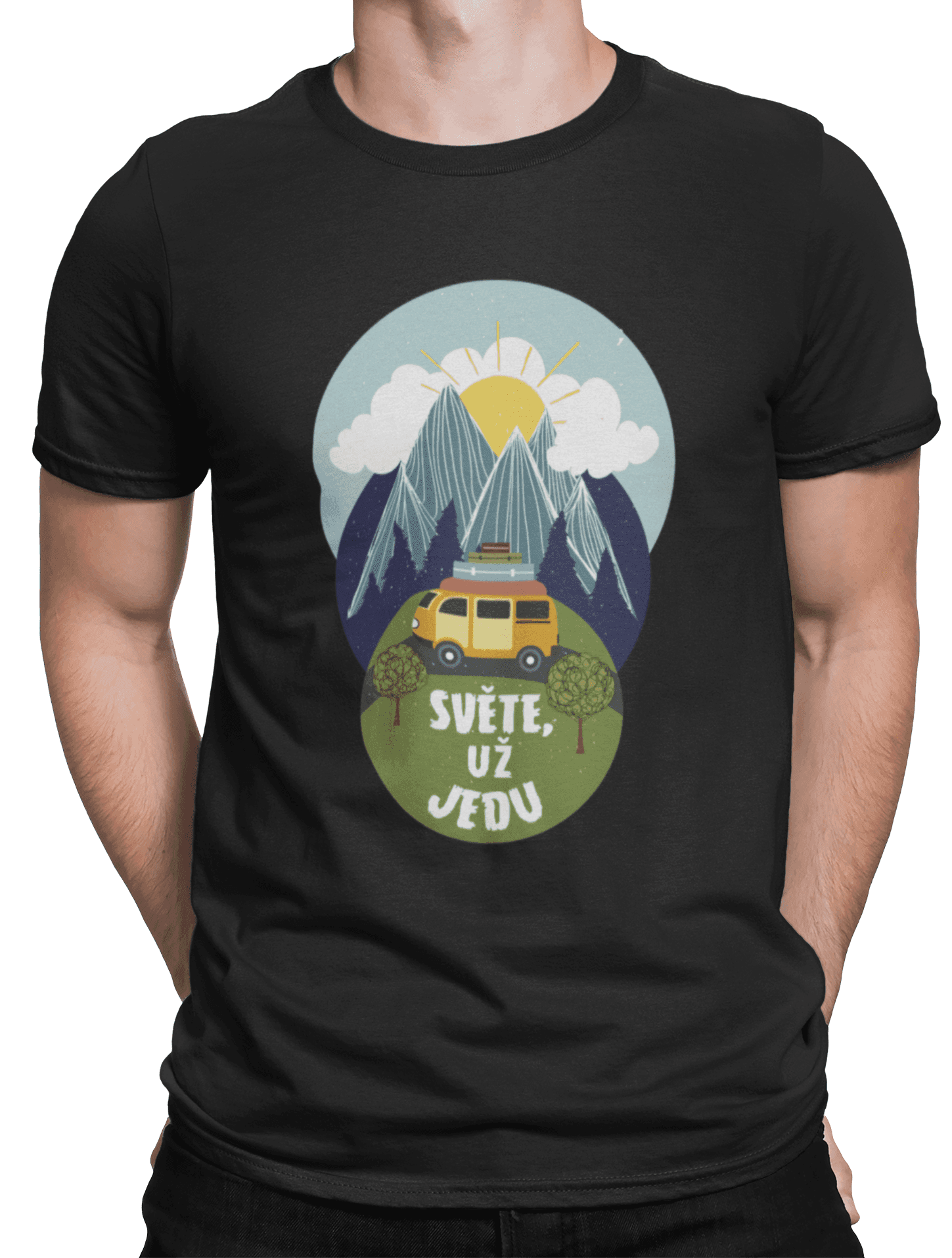 mockup of a man wearing a customizable t shirt against a plain color backdrop 1422 el (1) min