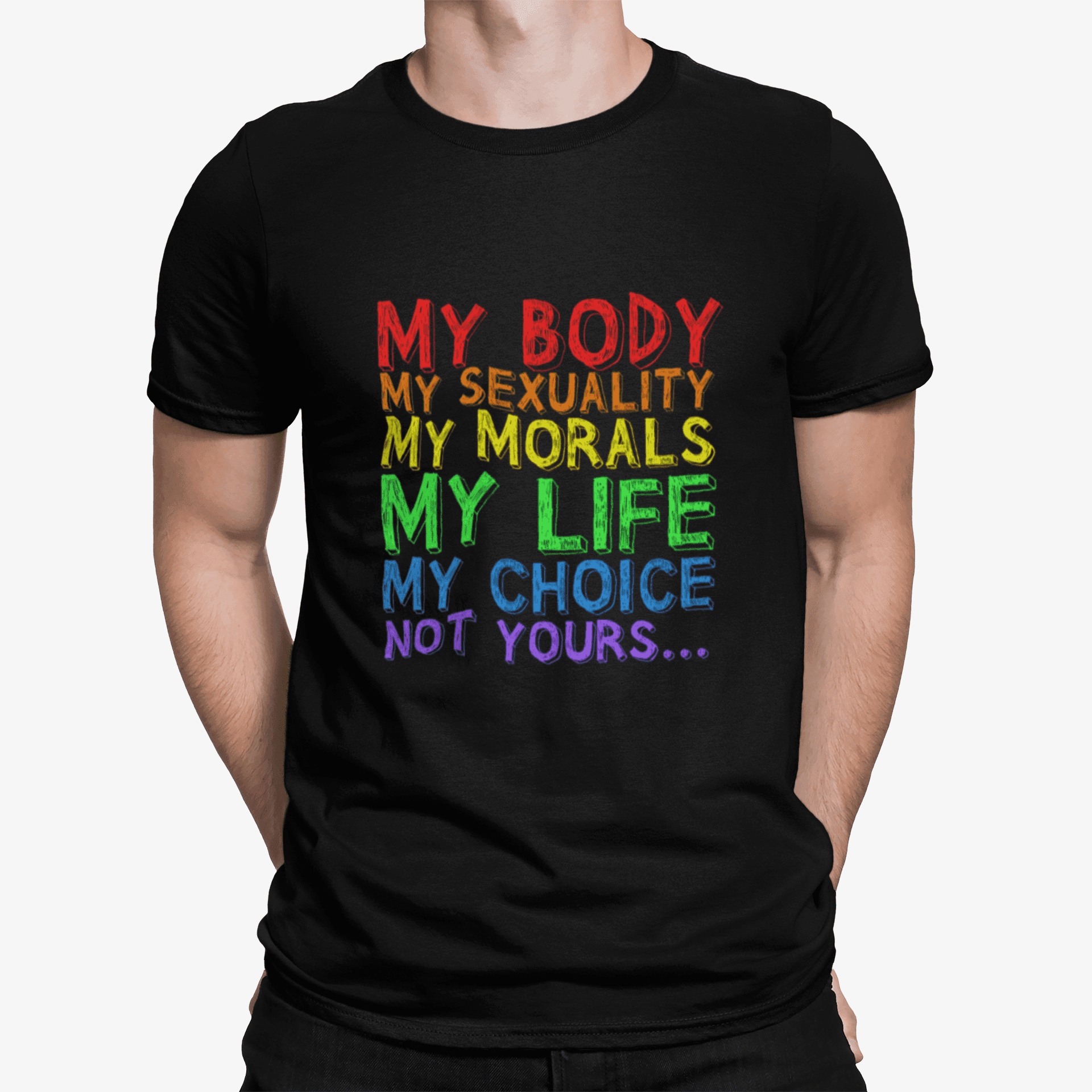 mockup of a man wearing a customizable t shirt against a plain color backdrop 1422 el (22) min