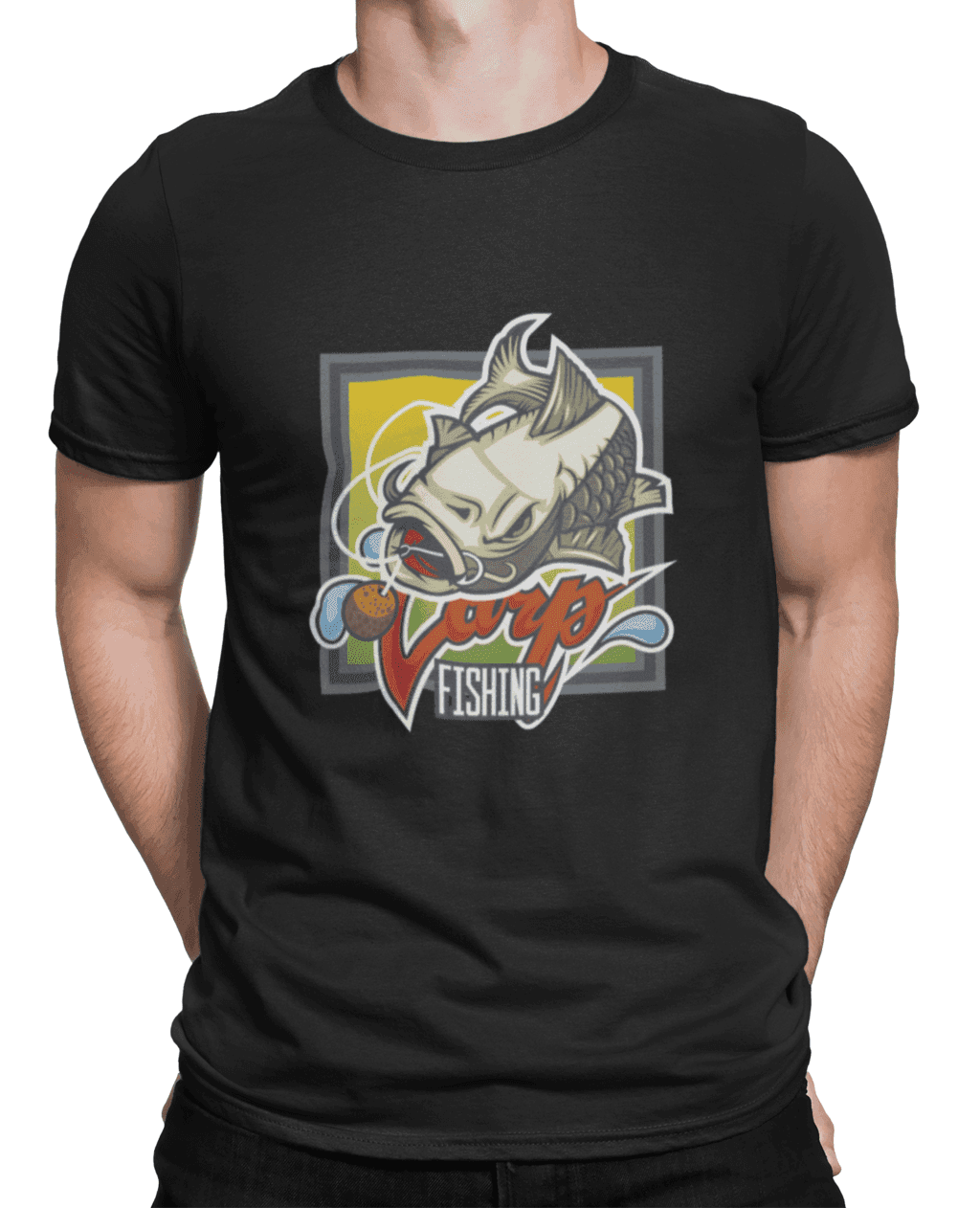 mockup of a man wearing a customizable t shirt against a plain color backdrop 1422 el (1) min
